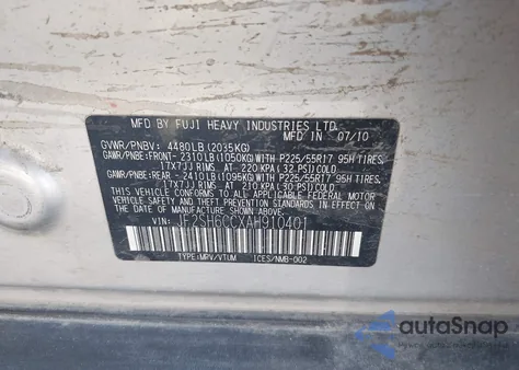 2010 Subaru Forester 2.5X Premium z USA, uszkodzony, nr VIN JF2SH6CCXAH910401